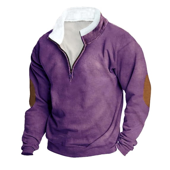 Men's Corduroy Shirt Lapel Collar Pullover Zipper up Sweaters with Elbow Patches Long Sleeve Golf Sweatshirts Mock Neck Tops Color Block Shirts