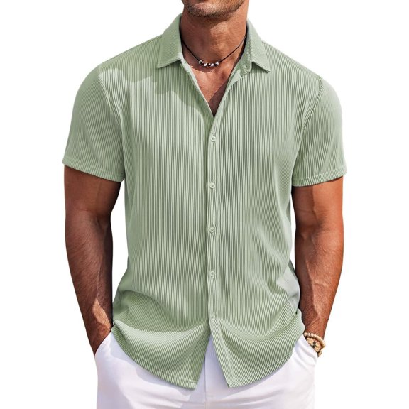 Men’s Corduroy Shirt, Short Sleeve Button Down with Ribbed Fabric, Vintage Style for Fall, Spring & Retro Fashion Looks Green S