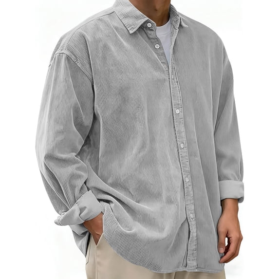 Men's Corduroy Shirts Button Down Shackets Loose Casual Lapel Neck Jacket Long Sleeve Fall Spring Outerwear (XL, Silver)
