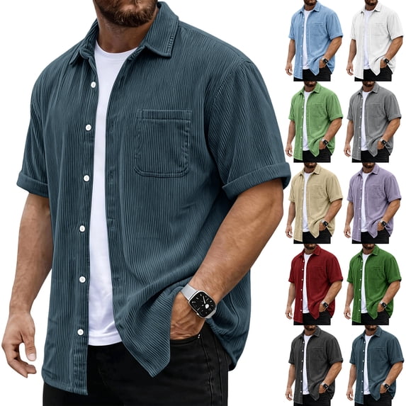 Men's Corduroy Shirts Button Down Short Sleeve Shirt Lightweight Vintage Shirt Summer Beach Shirts with Pocket