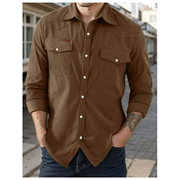 Men's Corduroy Shirts Casual Western Long Sleeve Button Down Shacket Jackets With 2 Flap Pocket