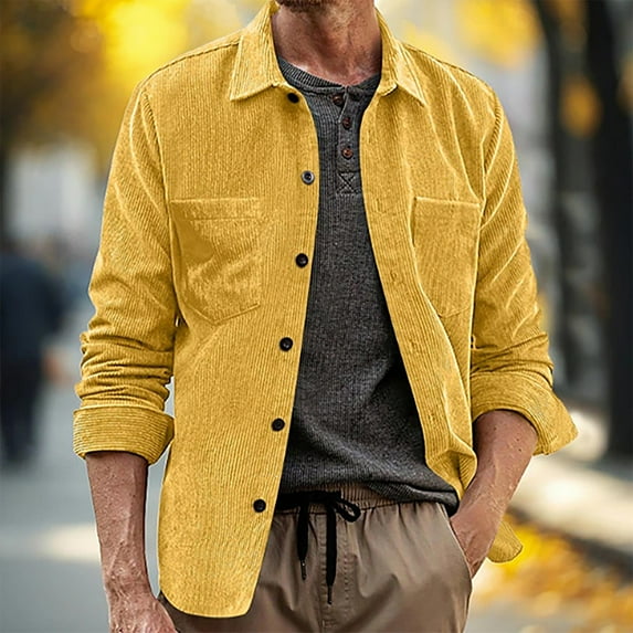 Men's Corduroy Shirts Jacket Long Sleeve Blouses Casual Button Down Shackets Tops with Pockets Regular Fitted Vintage (2XL, Yellow)
