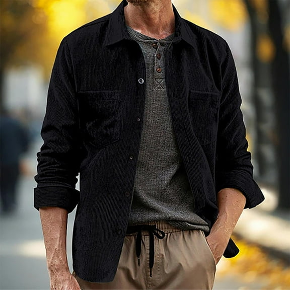Men's Corduroy Shirts Jacket Long Sleeve Blouses Casual Button Down Shackets Tops with Pockets Regular Fitted Vintage (M, Black)