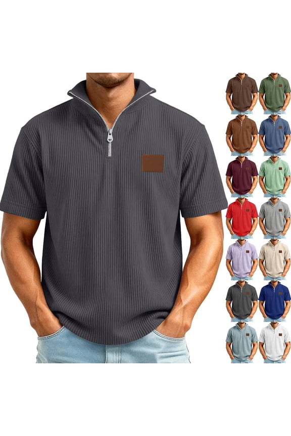 Men's Corduroy Short Sleeve Quarter Zip Pullover Loose Fit Casual Top with Stand Collar for Daily Wear