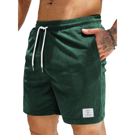 Men's Corduroy Shorts Casual Elastic Waist Drawstring Lightweight Summer Beach Shorts