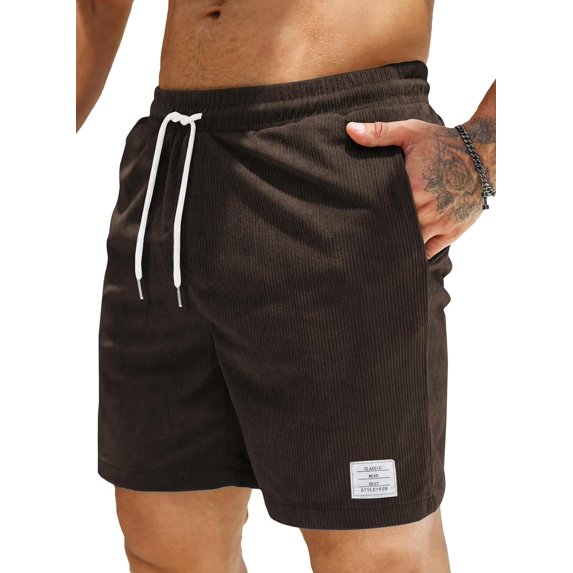 Men's Corduroy Shorts Casual Elastic Waist Drawstring Lightweight Summer Beach Shorts
