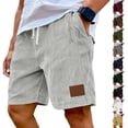 thumbnail image 1 of Men's Corduroy Shorts with Elastic Drawstring Waist and Side Leather Patch Featuring Vintage Vertical Stripes for Summer Beach Days Casual Outings or Lounge Wear Wine XXL, 1 of 8