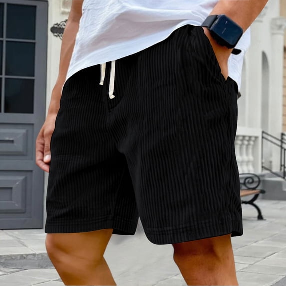Men's Corduroy Shorts Lightweight Drawstring Waist Cargo Shorts Pants Summer Beach Black XL