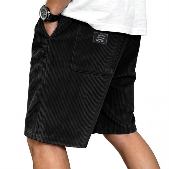 Men's Corduroy Shorts Summer Drawstring Elastic Waist Shorts with Pockets Wide Leg Knee Length Beach Sweat Shorts Black 2XL