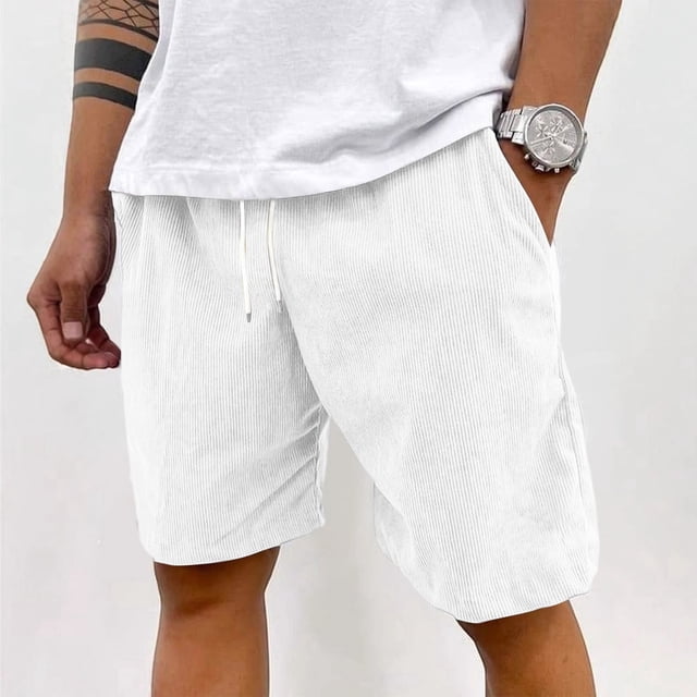 Men's Corduroy Shorts Vintage Elastic Waist Drawstring Lightweight Shorts with Pockets