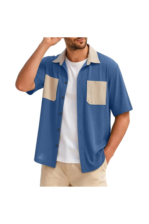 Men's Corduroy Snap Button Down Shirt Jacket Western Long Sleeve Shacket Lightweight Overshirt with Chest Pockets Blue