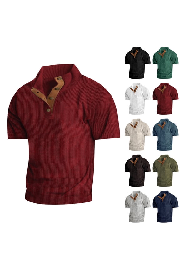 Men's Corduroy Solid Color Stand Collar Short Sleeve Ribbed Sweatshirt, Spring Summer Casual Pullover,Black,M