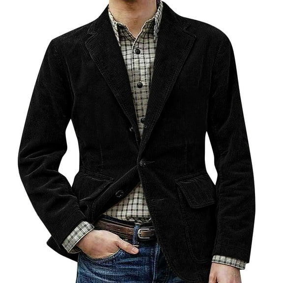 Men's Corduroy Sport Coat Blazer Slim Fit Dress Work Wear Corduroy Suit Jacket Long Sleeve Sport Coat Single Breasted Workout Tweed Mens Blazer Vintage Formal Blazer Dwelliawo Black XL