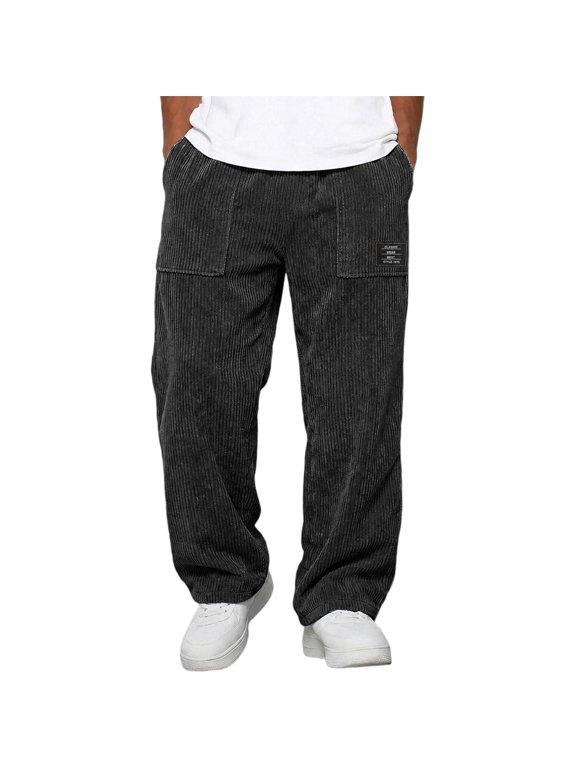 Men's Corduroy Straight Leg Pants, Relaxed Fit Trousers with Elastic Waist and Patch Pockets, for Daily Wear Street Style and Casual Outings Black M