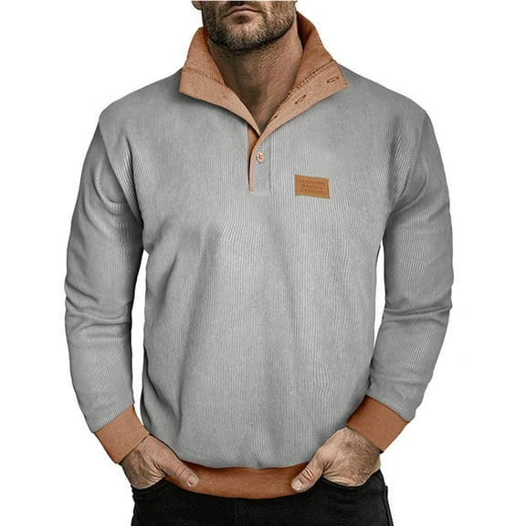 Men's Corduroy Sweatshirt Stand Collar Pullover Fall Winter Button Up Hoodless Sweatshirt Gray S
