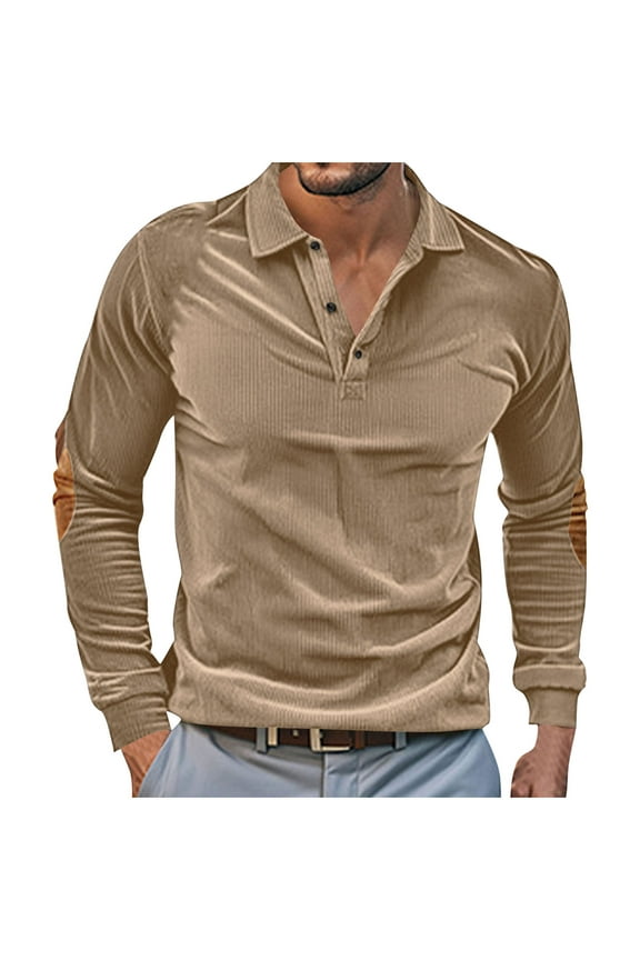 Men's Corduroy Sweatshirt Vintage Long Sleeve Button Henley Shirts Loose Fall Winter Pullover with Elbow Patches