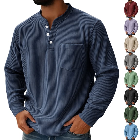 Men's Corduroy Sweatshirts Casual Long Sleeve Henley Shirts Lightweight Button Up Ribbed Pullover Tops
