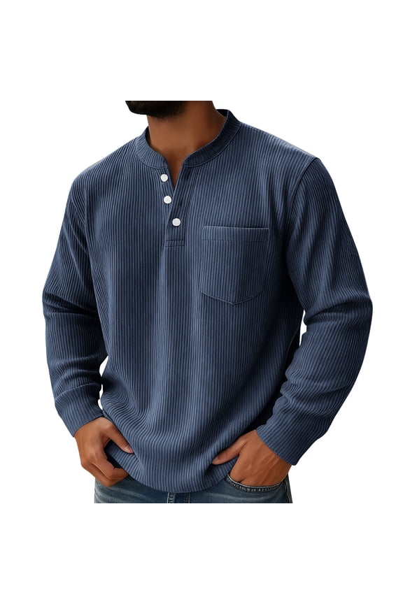 Men's Corduroy Tops 3-Buttons Henley Neck Pullover Knitted Casual Solid Color Long Sleeve Base Sweater Tops (3XL, Navy)