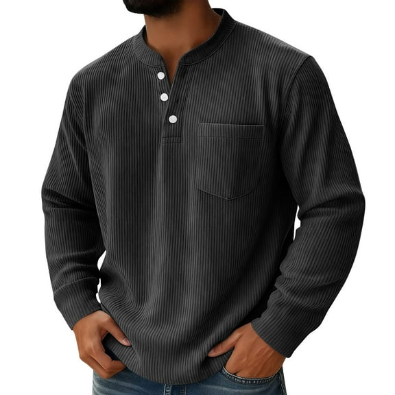Men's Corduroy Tops 3-Buttons Henley Neck Pullover Knitted Casual Solid Color Long Sleeve Base Sweater Tops (L, Black)
