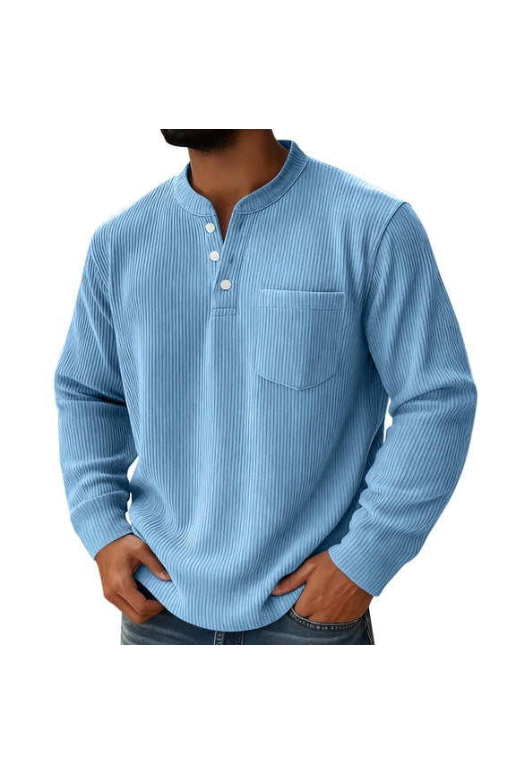 Men's Corduroy Tops 3-Buttons Henley Neck Pullover Knitted Casual Solid Color Long Sleeve Base Sweater Tops (L, Sky Blue)