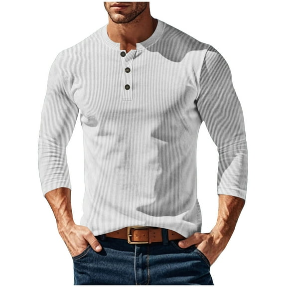 Men's Corduroy Tops Crew Neck Button Up Henley Neck Solid Color Long Sleeve Base Pullover Fashion Fall Casual Shirt (XL, White)