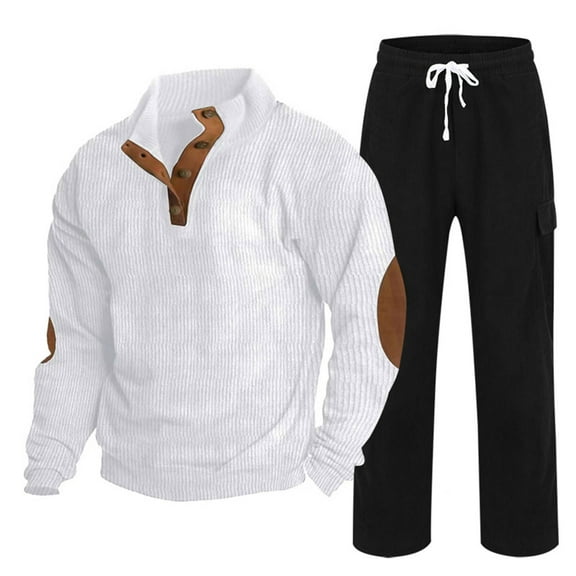 Men's Corduroy Tracksuit 2 Piece Outfits, Long Sleeve Button Up Henley Shirts and Drawstring Pants Jogging Suits