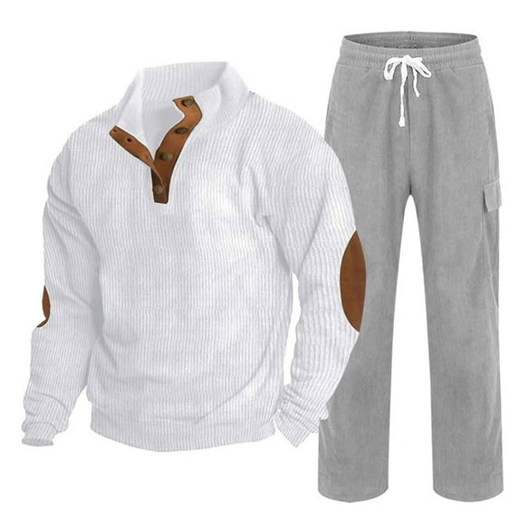 Men's Corduroy Tracksuit 2 Piece Outfits, Long Sleeve Button Up Henley Shirts and Drawstring Pants Jogging Suits
