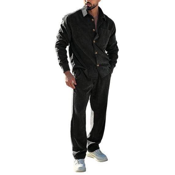 Men's Corduroy Tracksuits Outfits Set 2 Piece Long Sleeve Jogging Suits Warm Sweatsuits Sweat Track Suits Sets Black S
