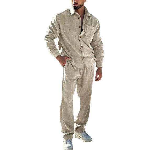 Men's Corduroy Tracksuits Outfits Set 2 Piece Long Sleeve Jogging Suits Warm Sweatsuits Sweat Track Suits Sets Khaki XL