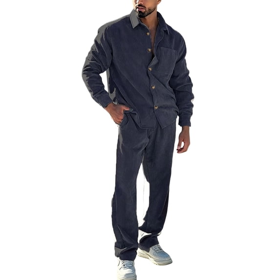 Men's Corduroy Tracksuits Outfits Set 2 Piece Long Sleeve Jogging Suits Warm Sweatsuits Sweat Track Suits Sets Navy XL