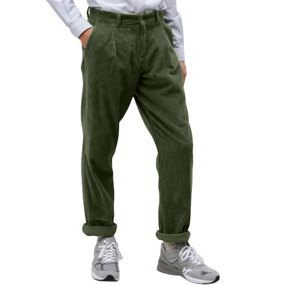 Men's Corduroy Trousers Relaxed Fit Pleated Front Full Length Casual Pants with Belt Loops and Side Pockets