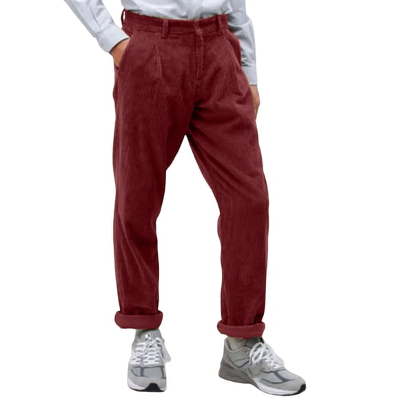 Men's Corduroy Trousers Relaxed Fit Pleated Front Full Length Casual Pants with Belt Loops and Side Pockets