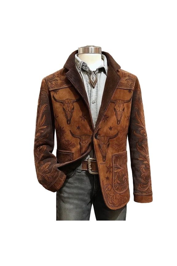 Men's Corduroy Western Print Blazer Vintage Single Button Coat Winter Part Long Sleeve Jacket with Pockets