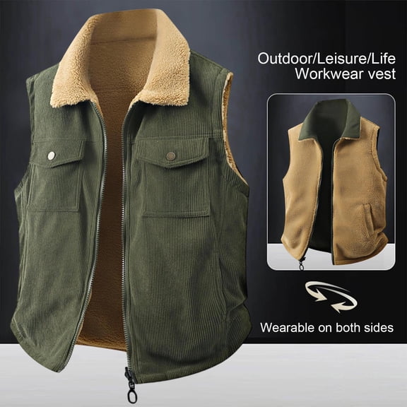 Men's Corduroy Winter Vests Casual Fleece Lined Full Zip Lightweight Sleeveless Outerwear Warm Waistcoat Travel Jackets Reversible Wear Green XL
