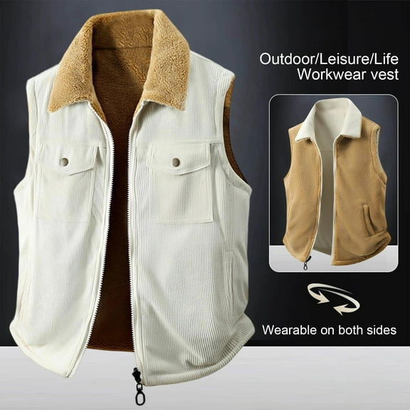 Men's Corduroy Winter Vests Casual Fleece Lined Full Zip Lightweight Sleeveless Outerwear Warm Waistcoat Travel Jackets Reversible Wear White L