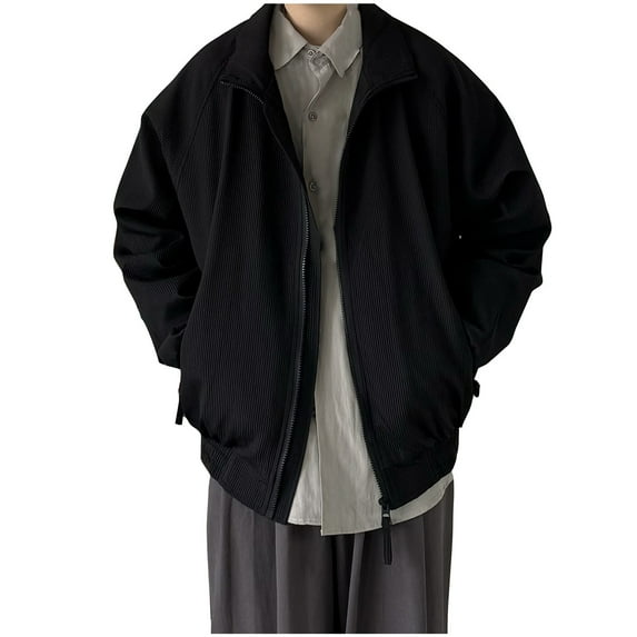 Men's Corduroy Zip Up Jacket, Loose Stand Collar Long Sleeve Casual Outerwear Winter Coat with Pockets