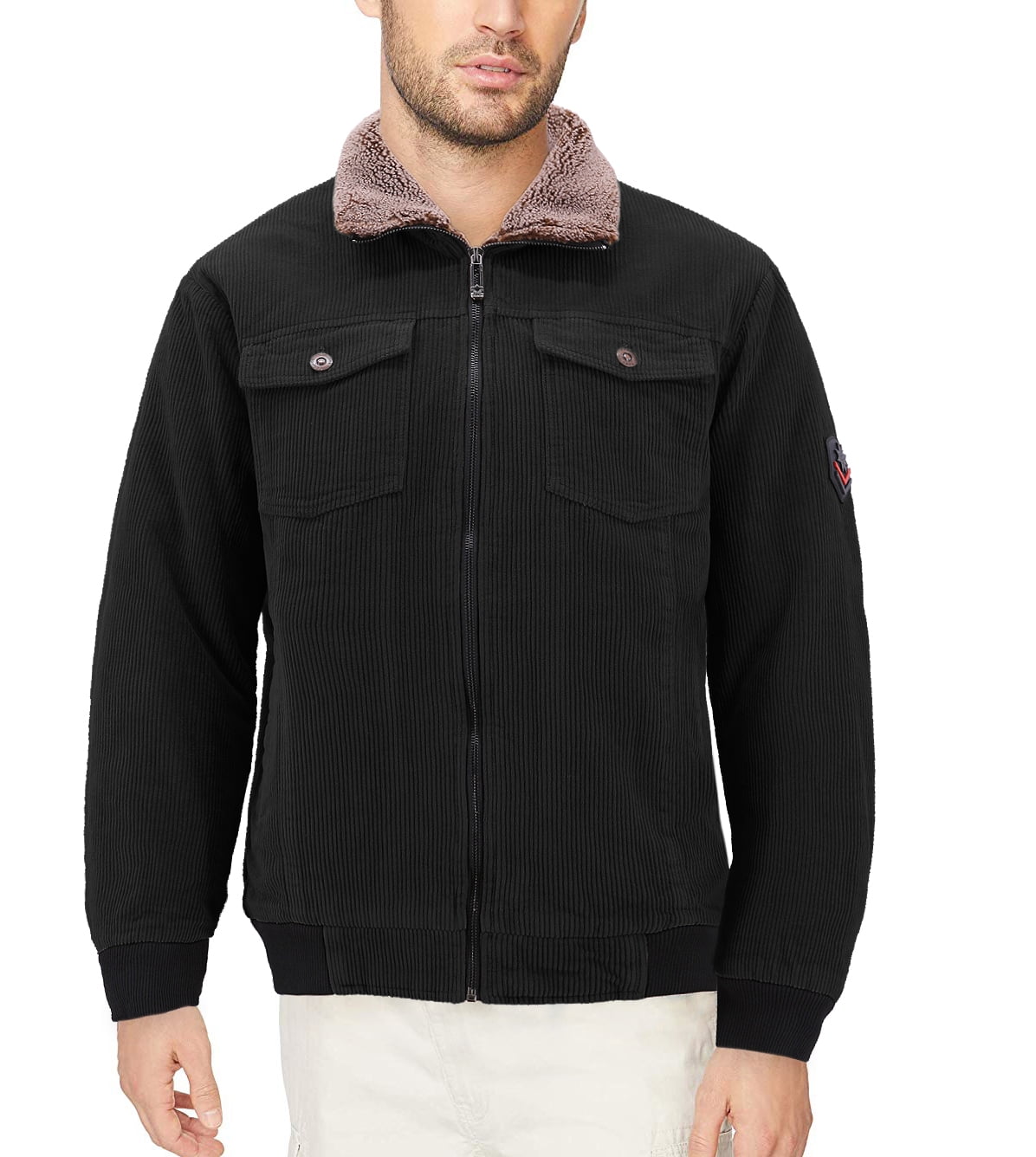 Men s Corduroy Zip Up Quilted Sherpa Collar Multi Pocket Flight Bomber Jacket Black L