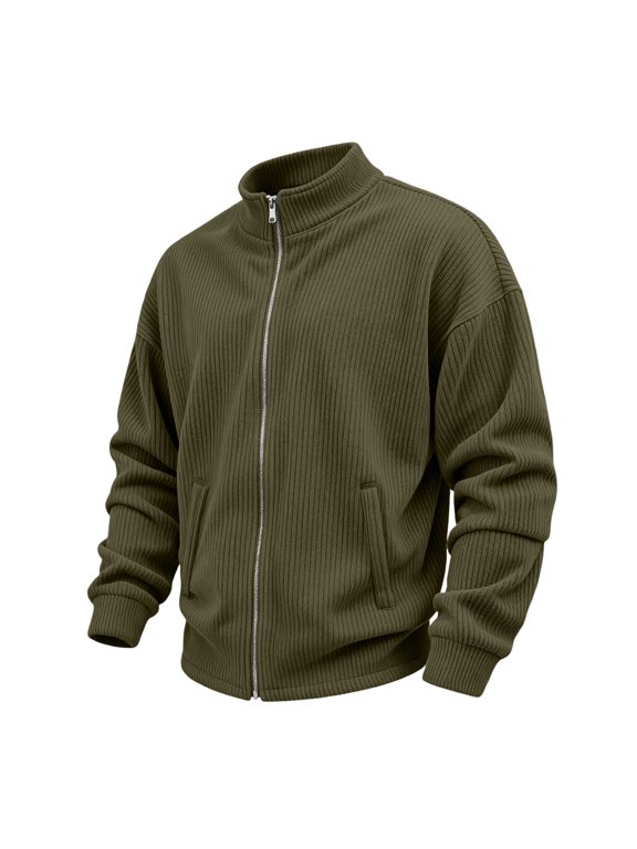 Men's Corduroy Zip Up Shacket Stand Collar Long Sleeve Corduroy Shirt MenStand Collar Coat Vintage Jackets Outerwear with Pockets