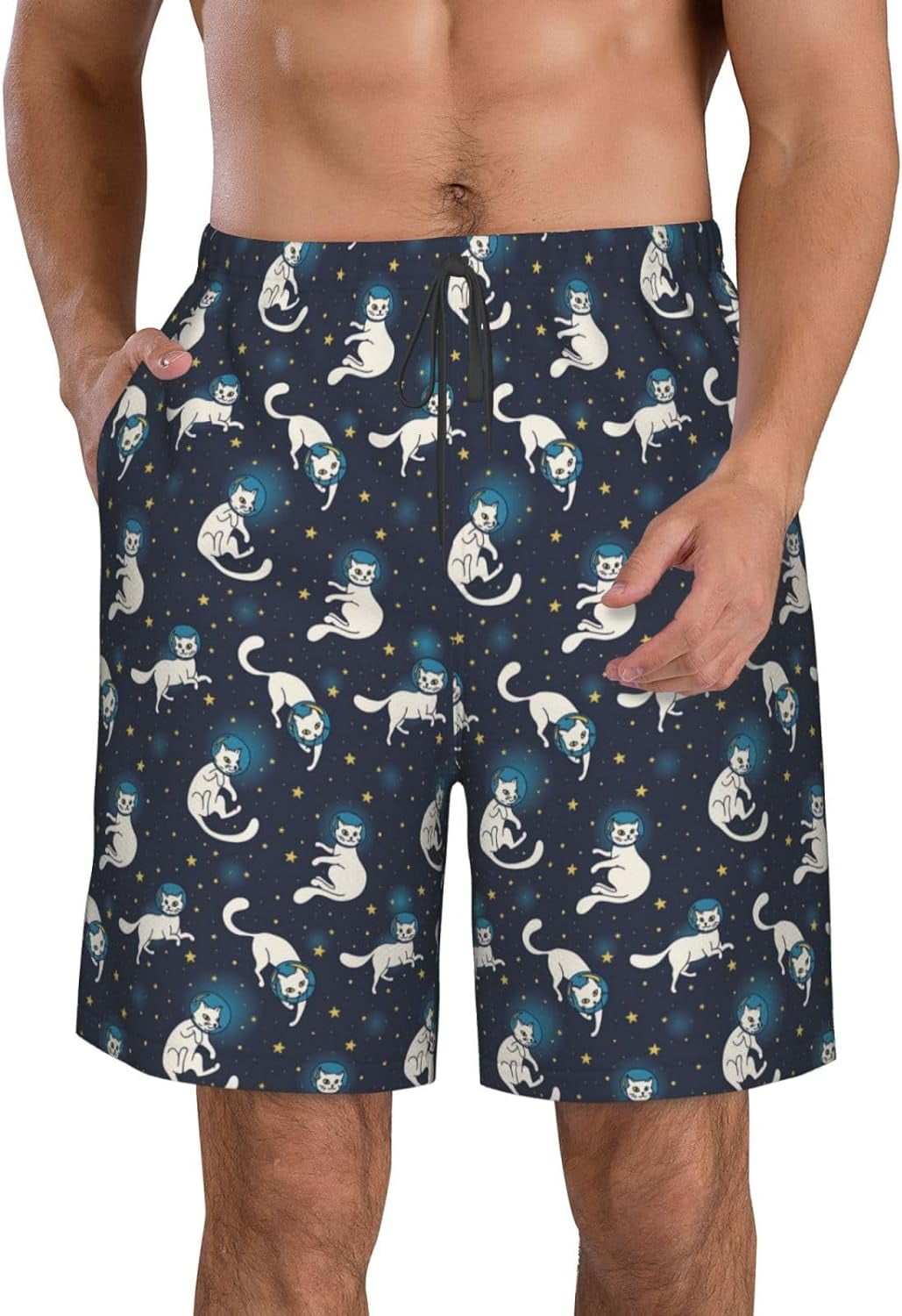 Men's Cosmic White Cat Swim Trunks Flying Bees Summer Beach Shorts