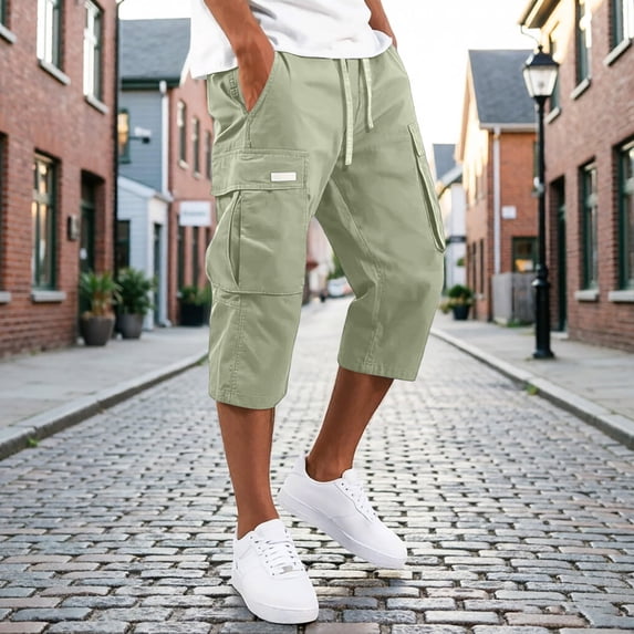 Men's Cotton 3/4 Length Cargo Shorts Relaxed Fit Below Knee Capri Pants with Drawstring & Multiple Utility with White Label and Pockets