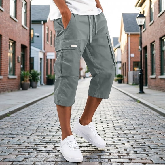 Men's Cotton 3/4 Length Cargo Shorts Relaxed Fit Below Knee Capri Pants with Drawstring & Multiple Utility with White Label and Pockets