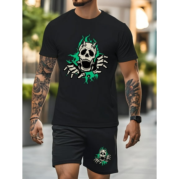 Men's Cotton 3D Graphic Skull T Shirt and Shorts Set 2 Piece Outfits Fashion Summer Tracksuits Casual Sportwear Set Black XL