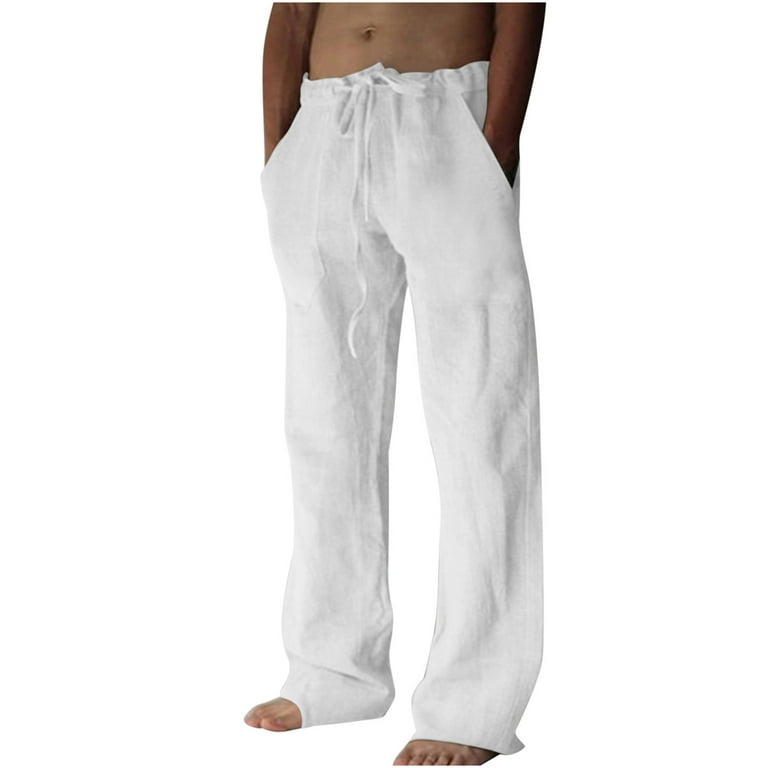 Men's Cotton And Linen Elastic Waist Blended Breathable Comfortable Soft  Beach Casual Trousers Full Length Pants Wide Leg ,White,S 