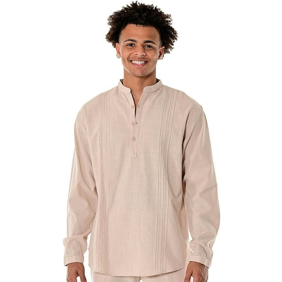 Men's Cotton Beach Summer Casual Pin-Tuck Banded Collar Long Sleeve Shirt