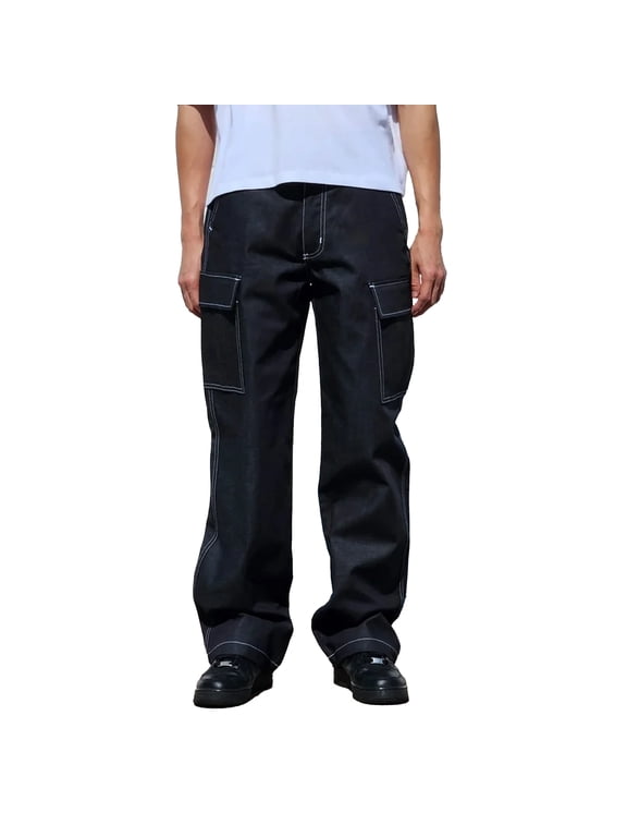 Men's Cotton Blend Baggy Classic Utility Workwear Multi Pocket Denim Cargo Pants (Black, 36W x 32L)