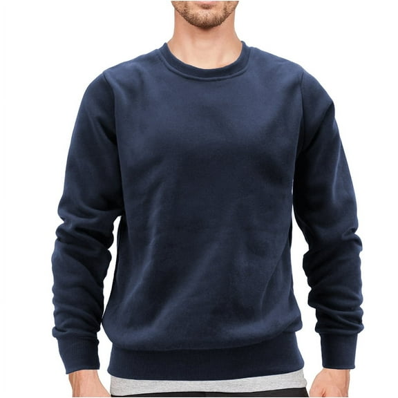 Men's Cotton Blend Jersey Sweatshirt Classic Long Sleeve Crewneck Sweater (Navy, L)