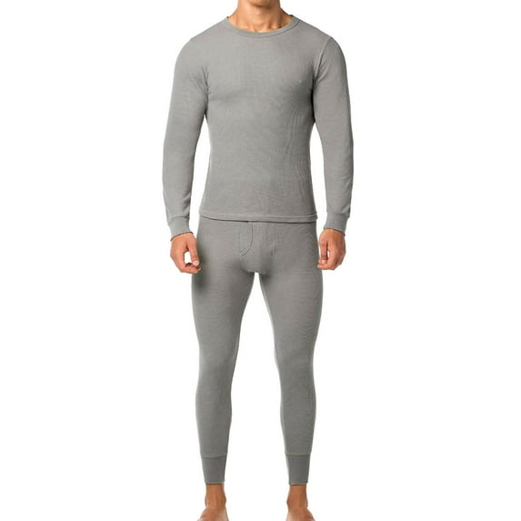 Men's Cotton Blend Waffle Knit Thermal Underwear Stretch Shirt & Pants 2pc Set (Light Grey, M)