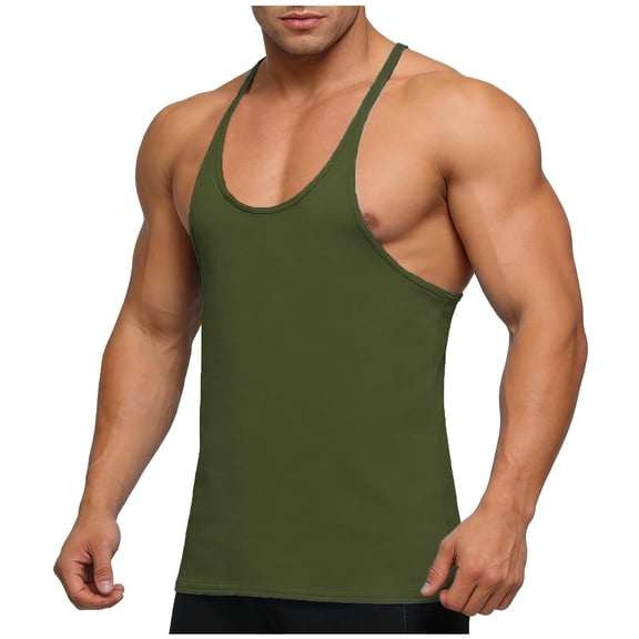 Men's Cotton Bodybuilding Stringer Tank Tops Y-Back Gym Fitness Workout Training Running T-Shirts Athletic Quick Dry Top Size 3XL Army Green