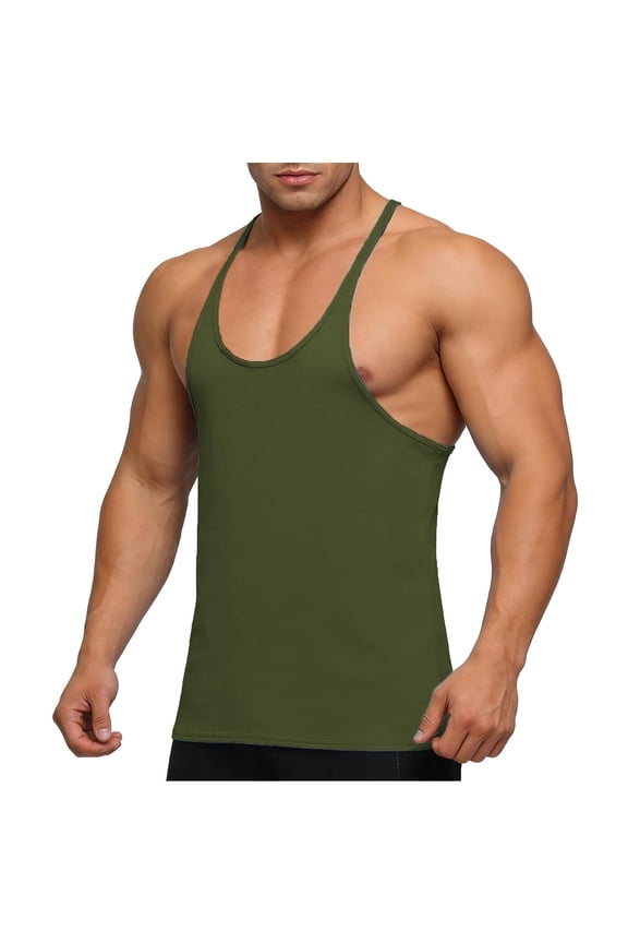 Men's Cotton Bodybuilding Stringer Tank Tops Y-Back Gym Fitness Workout Training Running T-Shirts Athletic Quick Dry Top Size 3XL Army Green