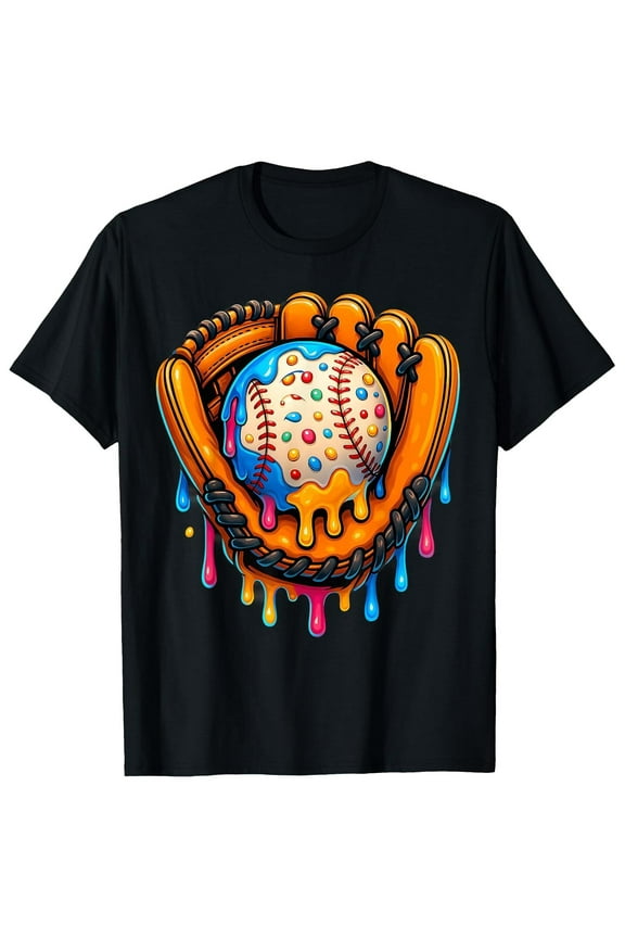 Men's Cotton Breathable Baseball Glove Graphic T-Shirt with Ice Cream Sprinkles Drip Design - Casual Short Sleeve Round Neck Tee for Casual Attire, Baseball T Shirts, Summer Fashion, Soft Fabric